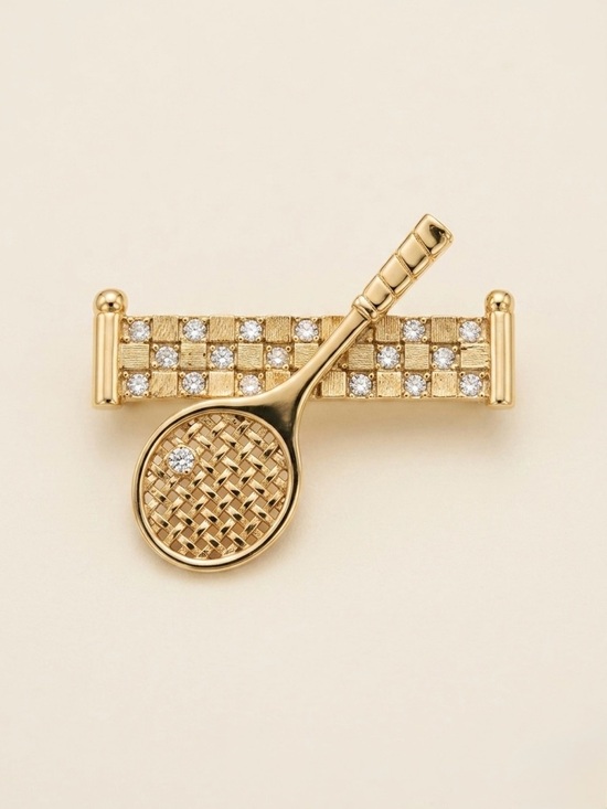 D'Orlan Jewelry - Vintage D’Orlan Tennis Rack Brooch 22kt Gold Plated & Swarovski Crystal Accents